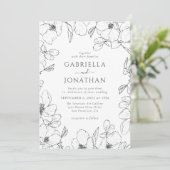 Invitation Mariage d'art moderne Black White Floral Line (Debout devant)