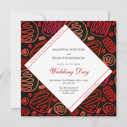 Invitation Mariage d'art moderne Red Black Abstrait One Line (Devant)