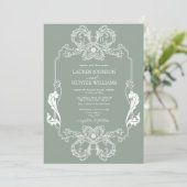 Invitation Mariage d'art Monogramme de la ligne florale verte (Debout devant)