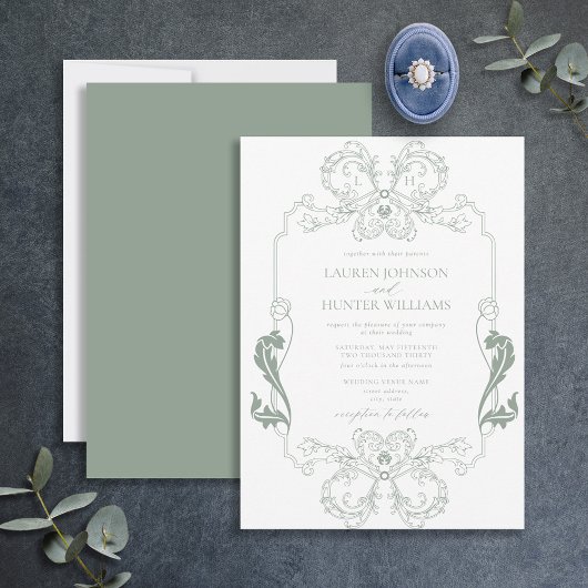 Invitation Mariage d'art Monogramme de la ligne florale verte