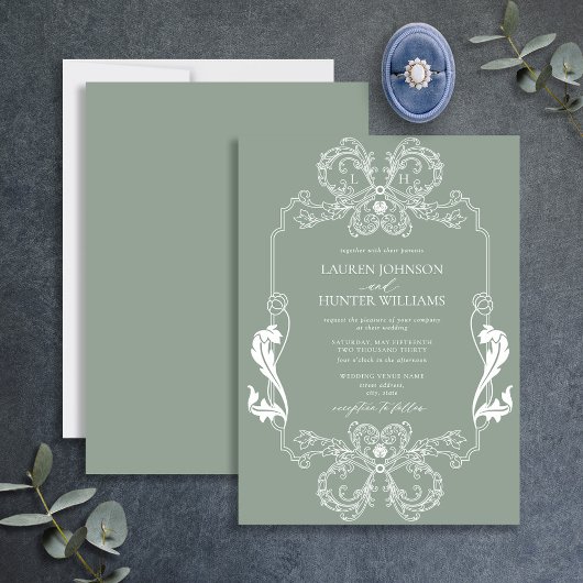 Invitation Mariage d'art Monogramme de la ligne florale verte