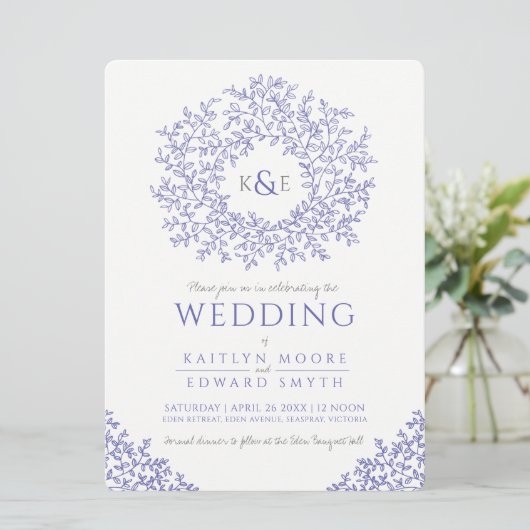 Invitation mariage d'art monogramme en feuille bleue (Debout devant)