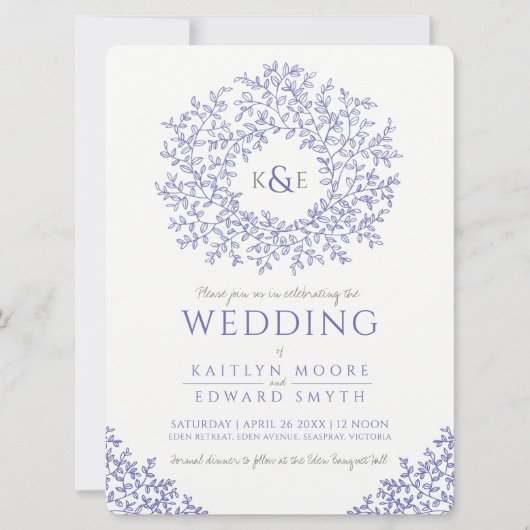 Invitation mariage d'art monogramme en feuille bleue (Devant)