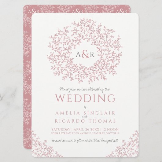Invitation Mariage d'art monogramme en feuille rose pâle (Devant / Derrière)