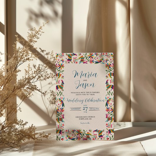 Invitation Mariage d'art populaire coloré Otomi Tenangos mexi