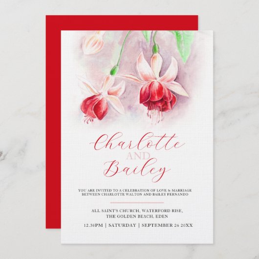 Invitation Mariage d'art rose rouge Fuchsia (Devant / Derrière)