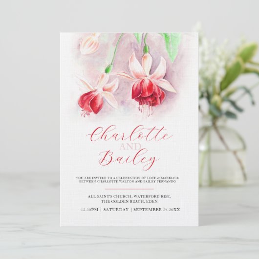 Invitation Mariage d'art rose rouge Fuchsia (Debout devant)