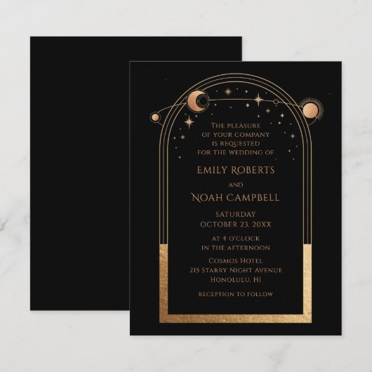 Invitation Mariage d'astronomie mystique Black Gold Sun Moon (Devant / Derrière)