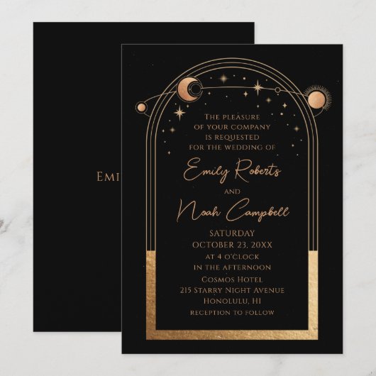 Invitation Mariage d'astronomie mystique Black Gold Sun Moon (Devant / Derrière)