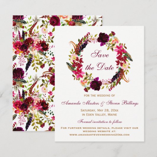 Invitation Mariage - Date à retenir - Floral Bourgogne, Plume (Devant / Derrière)