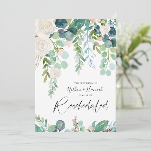 Invitation Mariage Date reprogrammée Floral Greenery (Debout devant)