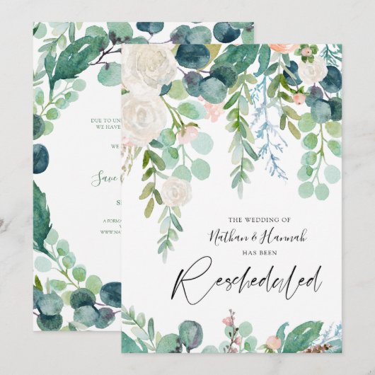 Invitation Mariage Date reprogrammée Floral Greenery (Devant / Derrière)