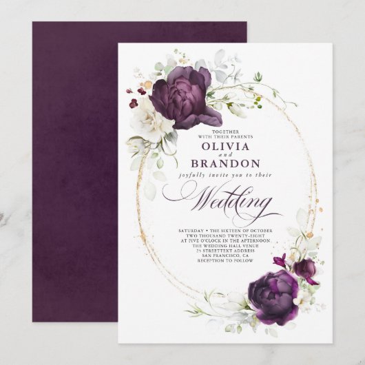 Invitation Mariage d'aubergine violet et blanc Floral Boho (Devant / Derrière)