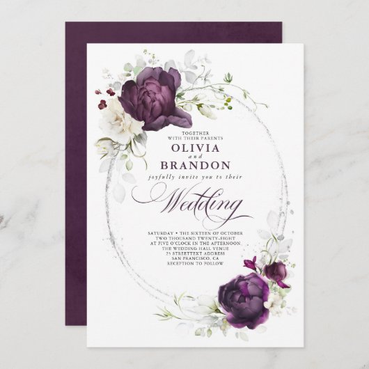 Invitation Mariage d'aubergine violet et blanc Floral Boho (Devant / Derrière)