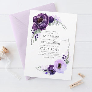 Invitation Mariage d'aubergine violet Peony et vert argent