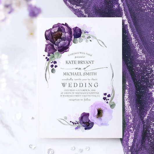 Invitation Mariage d'aubergine violet Peony et vert argent