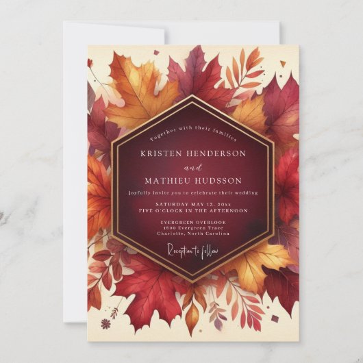Invitation Mariage d'automne à feuille de Bourgogne (Devant)