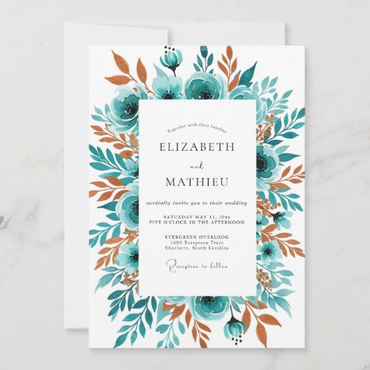 Invitation Mariage d'automne à fleurs sarcelle (Devant)