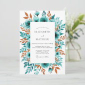 Invitation Mariage d'automne à fleurs sarcelle (Debout devant)