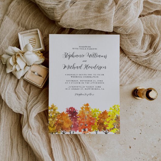 Invitation Mariage d'automne à l'aquarelle en forêt