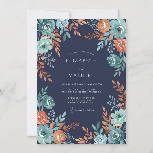 Invitation Mariage d'automne aux fleurs de corail sarcelle (Devant)