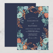 Invitation Mariage d'automne aux fleurs de corail sarcelle (Devant / Derrière)