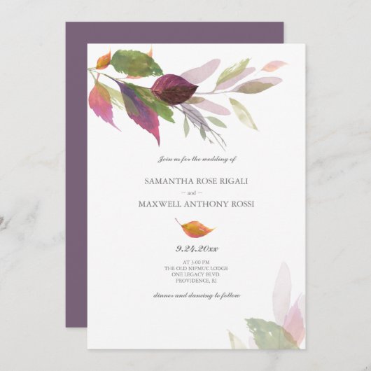 Invitation Mariage d'automne avec feuilles violettes (Devant / Derrière)