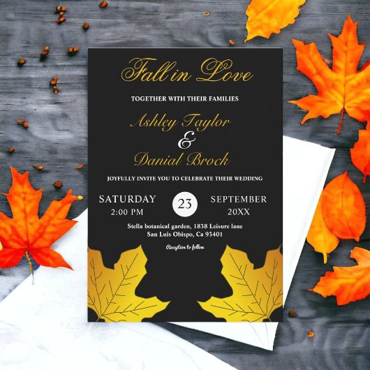 Invitation Mariage d'automne élégant Luxe Noir et Or Feuilles