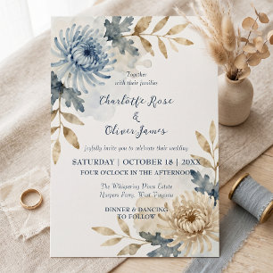 Invitation Mariage d'automne floral aquarelle bleu poussiéreu
