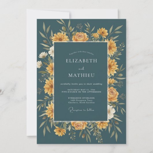 Invitation Mariage d'automne floral doré sarcelle (Devant)