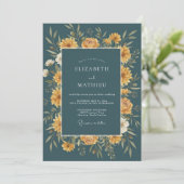 Invitation Mariage d'automne floral doré sarcelle (Debout devant)