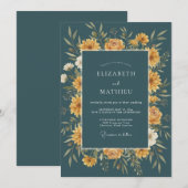 Invitation Mariage d'automne floral doré sarcelle (Devant / Derrière)