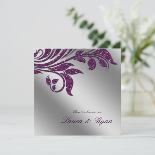 Invitation Mariage d'automne Inviter Sparkle Leaf Purple Silv (Debout devant)