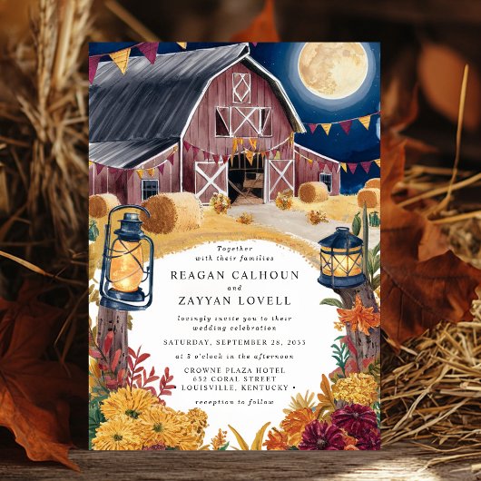 Invitation Mariage d'automne nocturne dans une grange rustiqu