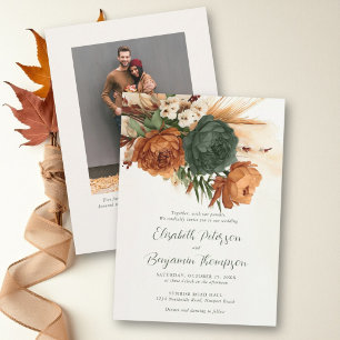Invitation Mariage d'automne orange brûlé, rouille et vert bo