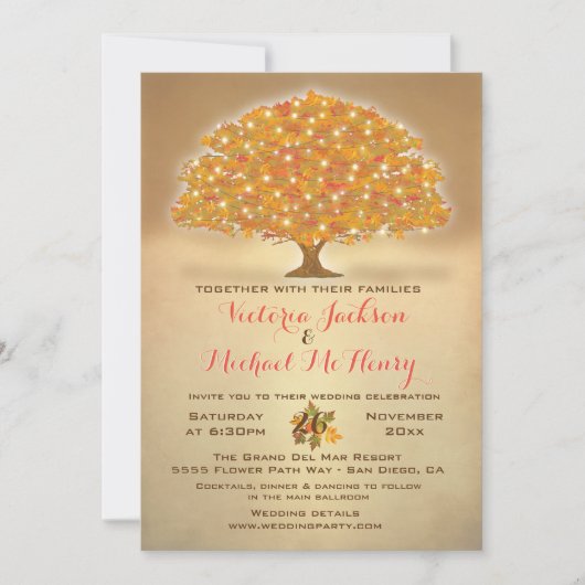 Invitation Mariage d'automne rustique aux lumières scintillan (Devant)
