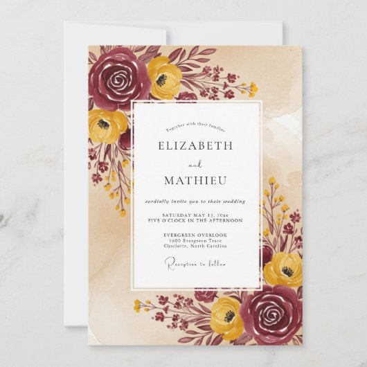 Invitation Mariage d'automne rustique burgundy jaune (Devant)