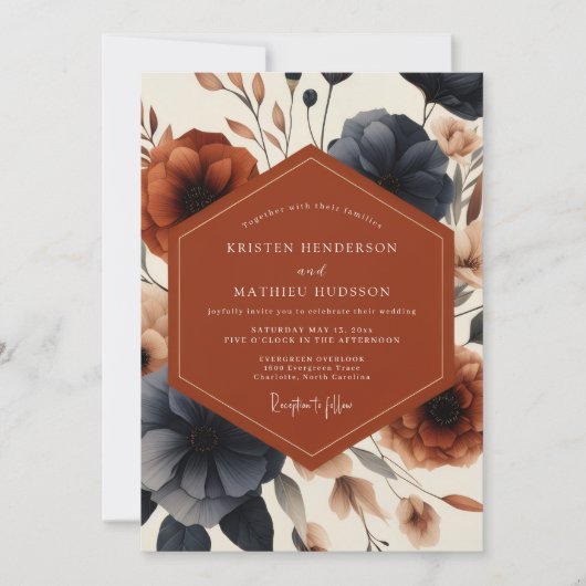Invitation Mariage d'automne Terracotta Navy Bloom (Devant)