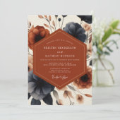 Invitation Mariage d'automne Terracotta Navy Bloom (Debout devant)