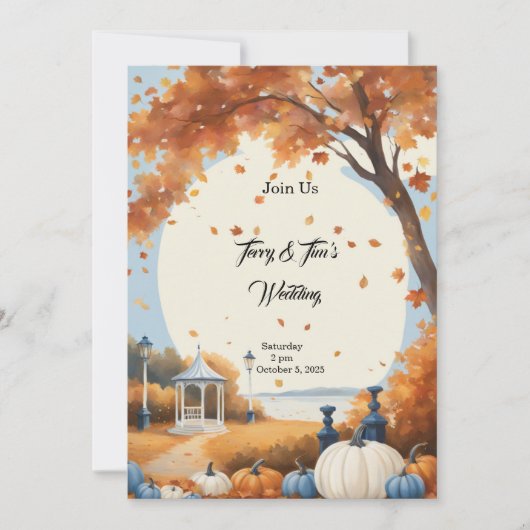 Invitation Mariage de automne Bleu Blanc Citrouilles (Devant)