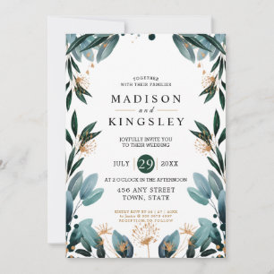 Invitation Mariage de automne 🍂 Bleu Profond Floral Élégant
