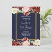 Invitation Mariage de automne Blue & Gold Chic Bold Floral Ma (Debout devant)