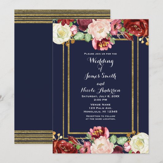 Invitation Mariage de automne Blue & Gold Chic Bold Floral Ma (Devant / Derrière)