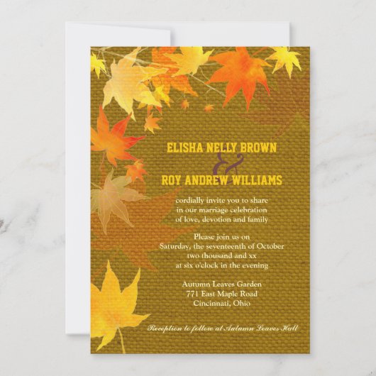 Invitation Mariage de automne de Burlap Rustique Feuille Mapl (Devant)