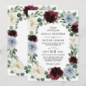 Invitation Mariage de automne de canneberge bleu et bordeaux (Devant / Derrière)