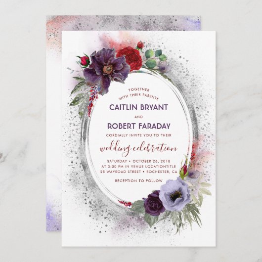Invitation Mariage de automne de pivoine gris violet gris arg (Devant / Derrière)