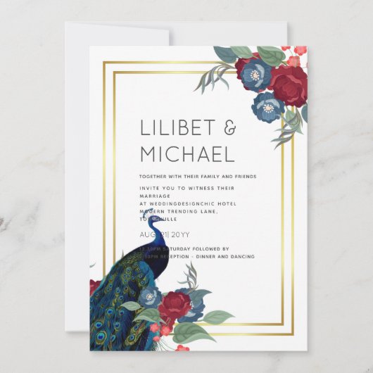 Invitation Mariage de automne d'hiver Peacock Blue Burgundy (Devant)