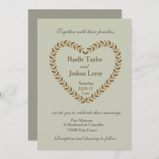 Invitation mariage de automne d'olive coeur feuill (Devant / Derrière)
