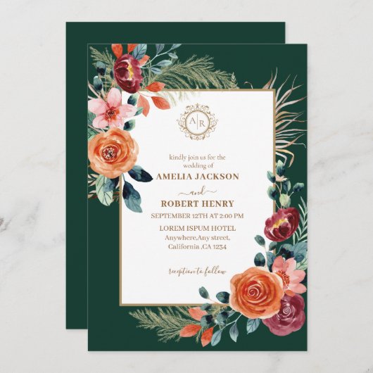 Invitation Mariage de automne fleuri vert émeraude et bordeau (Devant / Derrière)