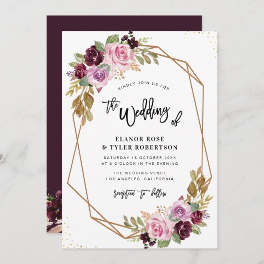 Invitation mariage de automne floral à aquarelle violette (Devant / Derrière)